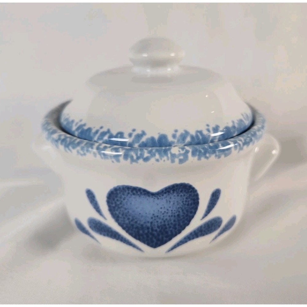 Vintage 5" Blue Heart Stoneware Soup Bowl Crock & Lid Country Cottagecore Rustic